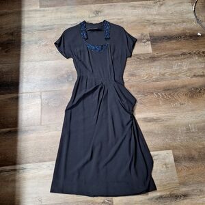 Vintage 1940s Hannah Troy Original Dress with Iridescent Blue Beaded Neckline